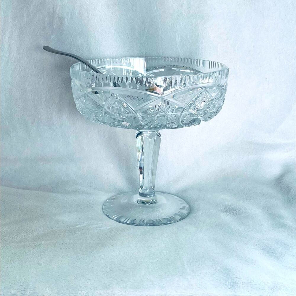 Bowl Pedestal BOHEMIA Vtg QU LACE Cut Crystal Czech Spoon Czech Stegor